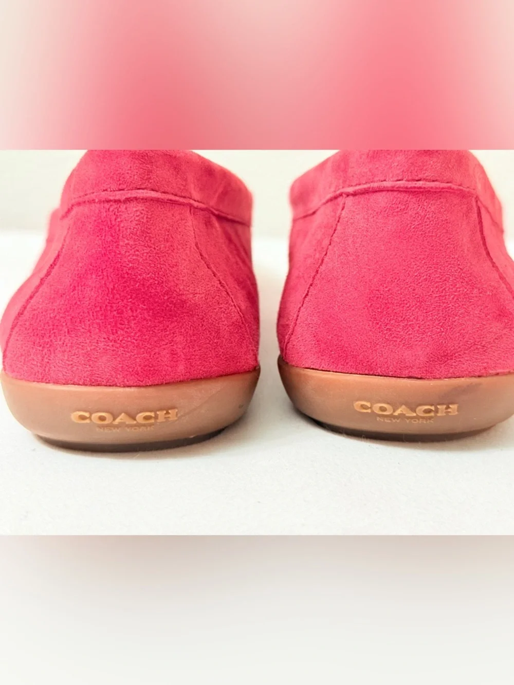 Coach Hot Pink Suede Driving Loafers Gold Logo Flats Womens 10 - Picture 5 of 14